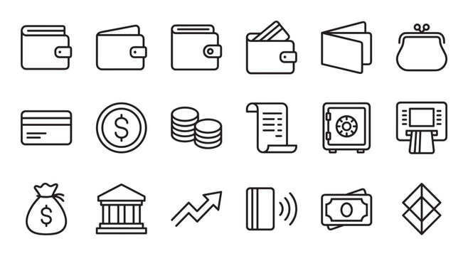 Set of black line icons representing finance, money, and banking concepts, including a wallet, credit card, coins, ATM, and safe, drawn in a simple minimalist vector style