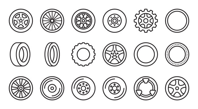 Car wheel and tire line icon set featuring various designs of alloy rims, rubber automobile parts, and mechanical gears in a simple black and white vector style illustration