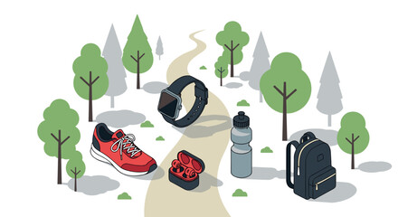 Flat design of outdoor fitness gear with athletic shoes, smart watch, and nature path