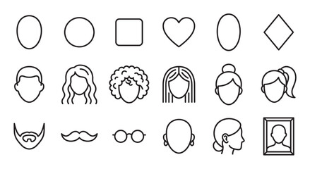 Set of black line art icons for a character generator, featuring diverse face shapes, hairstyles for men and women, facial hair options, and accessories for a personalized avatar