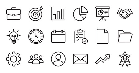 Set of black line business icons for corporate communication, including symbols for strategy, teamwork, analytics, and achievement in a clean, minimalist vector graphic style