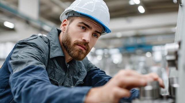 Engineer inspecting freshly machined metal part on lathe in factory environment industrial work context - Powered by Adobe