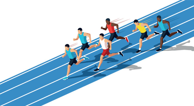 Dynamic race on blue track featuring diverse runners in flat design