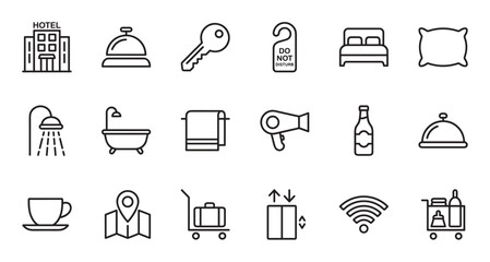 Set of black hotel service icons representing accommodation, travel, and hospitality in a simple minimalist line art style for web and mobile application user interface design