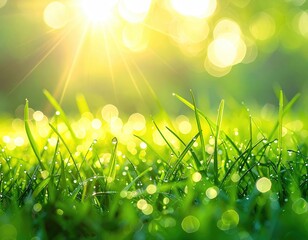 Obraz premium Dewy grass, sunburst, bokeh; vibrant, fresh spring scene