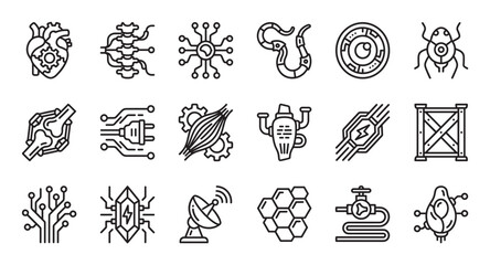 Bionic and cybernetic technology line icon set featuring a mechanical heart, robotic eye, neural network, and other futuristic symbols for biotechnology and artificial intelligence