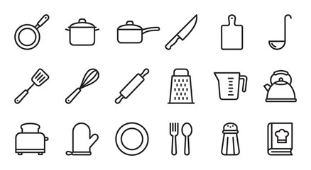 Set of eighteen kitchen and cooking line icons featuring utensils and appliances like a pot, pan, knife, and grater in a simple, clean, and modern vector illustration