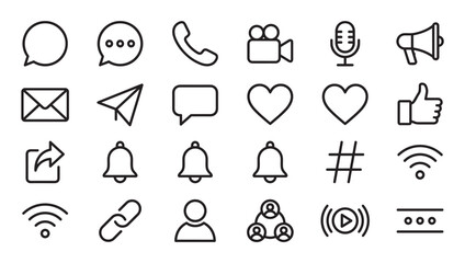 Collection of black line art icons for social media and communication, featuring symbols for messages, notifications, likes, sharing, video, and user profiles in a clean design