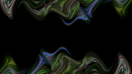 Abstract Dark Liquid Wave Frame Background with Green and Blue Fluid Metallic Reflections...
