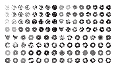 Large collection of black spiral icons and swirl symbols in various graphic styles, including vortex, tornado, and hurricane shapes for design elements and logos