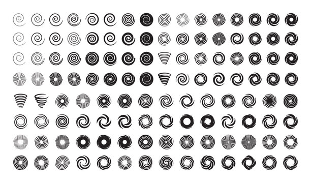 Large collection of black spiral icons and swirl symbols in various graphic styles, including vortex, tornado, and hurricane shapes for design elements and logos