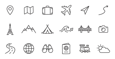 Set of black line travel icons featuring an airplane, map, camera, passport, and other tourism symbols for vacation and adventure concepts in a simple minimalist outline style