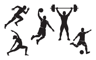 Collection of black sport silhouettes showing athletes running, playing basketball, weightlifting, doing yoga, and kicking a soccer ball in dynamic action poses