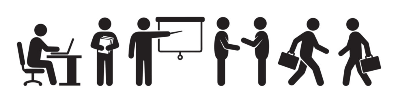 Set of black business people icons showing various office activities like working on a laptop, presenting, meeting, and walking with a briefcase in a minimalist pictogram style