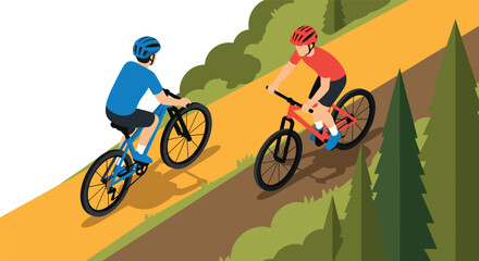 Naklejka premium Cyclists on a sunny forest path in modern flat design