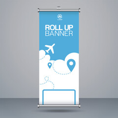 Professional vertical rollup banner design template featuring a travel theme with airplane and location icons © NimDesignHub