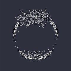 Christmas wreath. Elegant frame with fir branches, berries, leaves, pine and snowflakes. Winter floral decor. Vector illustration hand-drawn in sketch style