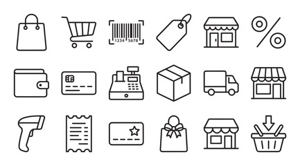 Naklejka na ściany i meble Set of black line art icons for shopping and e-commerce, including a cart, store, credit card, delivery truck, and barcode, representing retail business and online purchasing