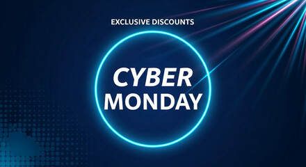 Digital image of blue background with radiant beams and circular neon frame with text, showcase of promotion of Cyber Monday discounts