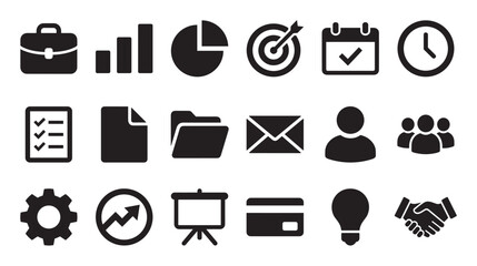 Black glyph icon collection for business and finance, featuring minimalist symbols for presentation, marketing, and office work like a chart, target, calendar, and handshake
