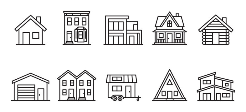 Set of various house and building icons showing different residential architecture styles, including modern, suburban, cabin, and tiny homes, in a clean line art illustration