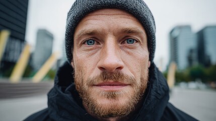 Man with beard and tattoo in urban setting.