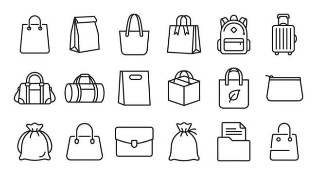 Collection of black line art icons depicting various bags, luggage, and containers for shopping, travel, and storage, designed in a clean, simple, and minimalist vector style