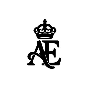 Monogram with crown, black silhouette of ae initials intertwined, classic elegant design, vector logo on white background isolated on transparent background