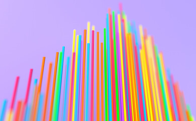 Close up pyramid of colored narrow cylinders, partially blurred. Abstract, design, in a row, graph, lines, symbol, increasing, rising, peak.