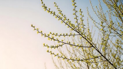thin spring branches and small green leaves, surrounded by soft empty sky area, sunlight diffused, gentle pastel hues, dreamy natural lighting