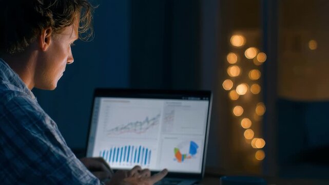 Medium shot of a business analyst comparing executive salary reports on a laptop reviewing market trends to optimize compensation packages.