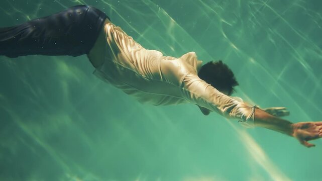man swims floating in depth underwater world, sleep office worker in casual clothes white shirt black trousers slow motion. aqua studio pool ocean sea blue water. wet guy tired guy dreams of vacation