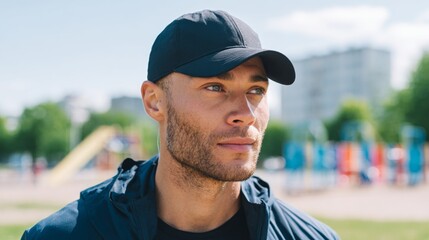 Man in black cap standing in urban park.
