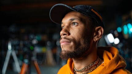 Man in studio, hip hop artist, portrait photography, urban fashion, contemporary portrait