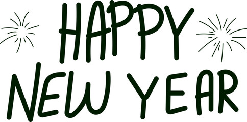 Handwritten vector holiday text graphic saying Happy New Year with simple firework starbursts, perfect for banners or cards