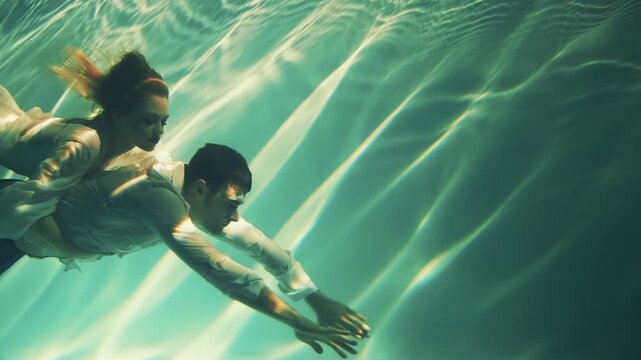 Happy fantasy couple fall in love swim dive man king and woman fashion model posing underwater dark blue sea. Wet white dress. fairy sexy girl Muse river nymph swims hugs guy magic under water pool 4k