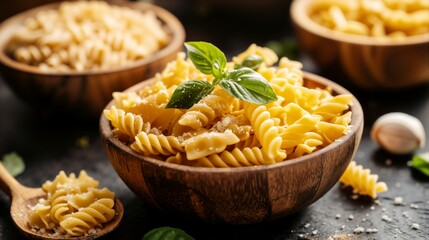 Uncooked fusilli pasta in wooden bowl with basil and cheese on dark background. Italian cuisine and healthy eating preparation banner with copy space