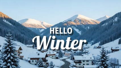 Hello winter greeting card design in a snowy mountain village landscape with pine trees and houses, beautiful winter scene