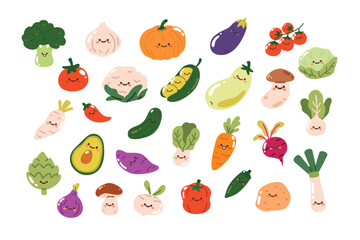 Set of  Cute Vegetable Characters. Flat vector illustration isolated on white background
