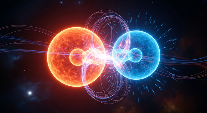Energetic collision of atomic nuclei creating a powerful fusion reaction with glowing plasma and swirling energy fields