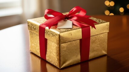 Obraz premium Illustration of golden gift box with red ribbon on wooden table