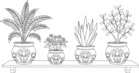 Hand drawn indoor plant shelf illustration, detailed potted houseplants line art collection for coloring book, home decor, botanical wall art