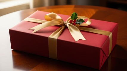 Illustration of elegant red gift box with gold ribbon on wooden table