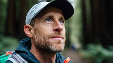 Man in forest, hiking gear, backpack, outdoor adventure