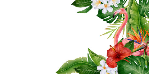 Watercolor banner frame with flamingo, red hibiscus, white plumeria and tropical leaves on white background, perfect for summer invitations, greeting cards, posters, vacation and botanical design. © Alona