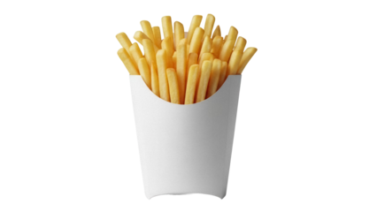 Golden french fries in a paper container isolated PNG, crispy potato sticks for fast food restaurant menu on transparent background