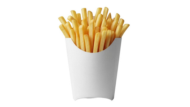 Golden french fries in a paper container isolated PNG, crispy potato sticks for fast food restaurant menu on transparent background