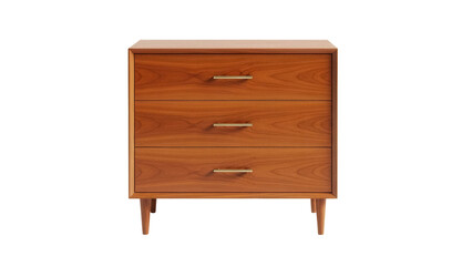 Mid-century modern wooden dresser with three drawers isolated on transparent background, vintage style furniture for bedroom storage PNG
