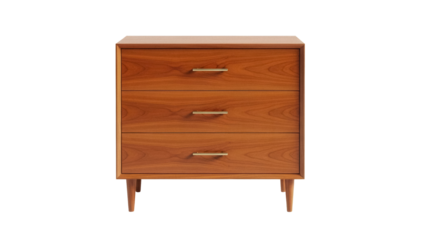 Mid-century modern wooden dresser with three drawers isolated on transparent background, vintage style furniture for bedroom storage PNG