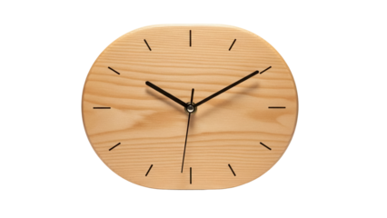 Minimalist wooden wall clock isolated PNG on transparent background, modern design timepiece for home decor and time management